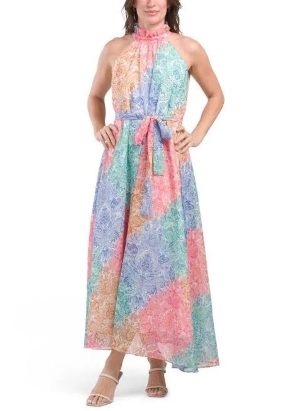 Dalia Macphee Pastel Multicolor Halter Maxi Dress
